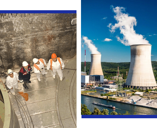 Two pictures of a power plant and some workers.